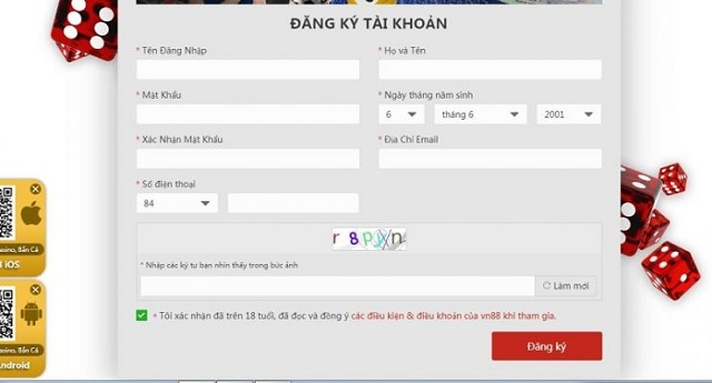 Biểu mẫu đăng ký tài khoản mà người chơi cần điền vào