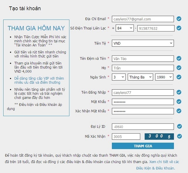 Điền các thông tin theo biểu mẫu của nhà cái W88 yêu cầu