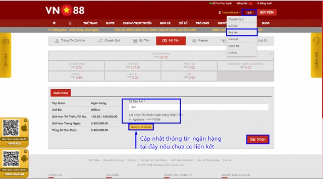 Thực hiện thao tác cung cấp thông tin rút tiền tại nhà cái VN88